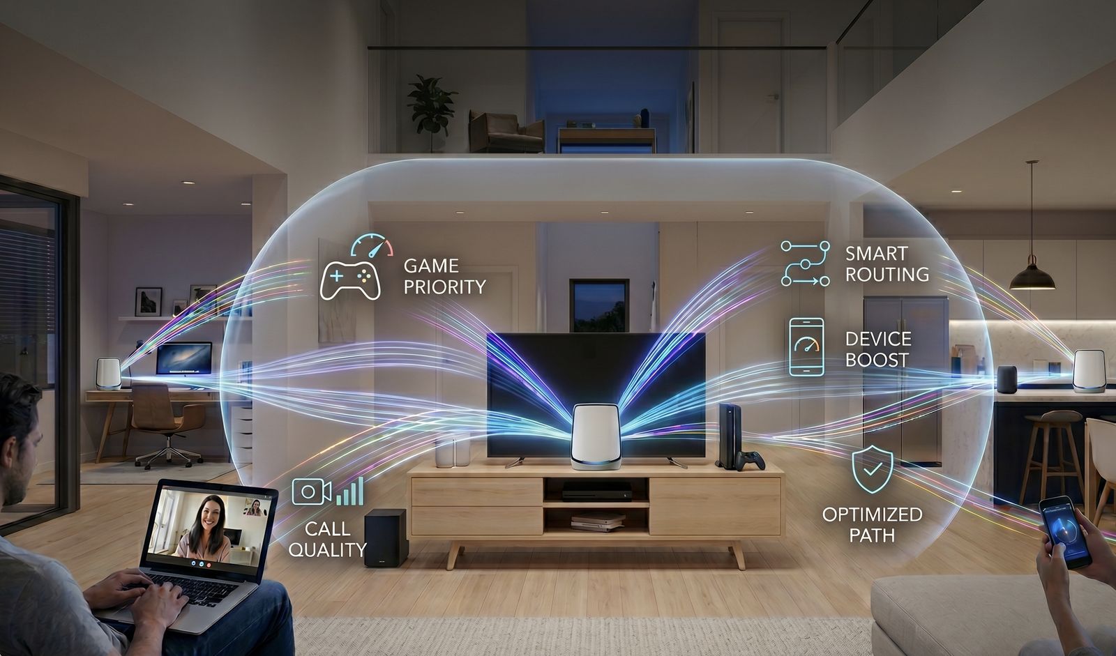 Mesh WiFi system blanketing a living room with optimized signal for gaming, streaming, and smart devices